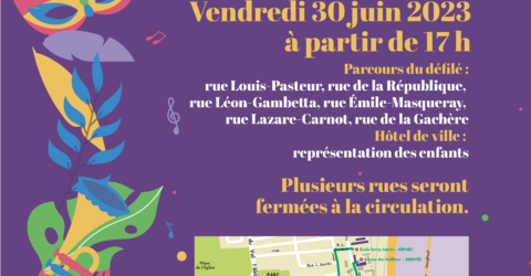 Flyer carnaval animalins vendredi 30 juin 2023 avec plan du parcours et informations sur les rues concernées