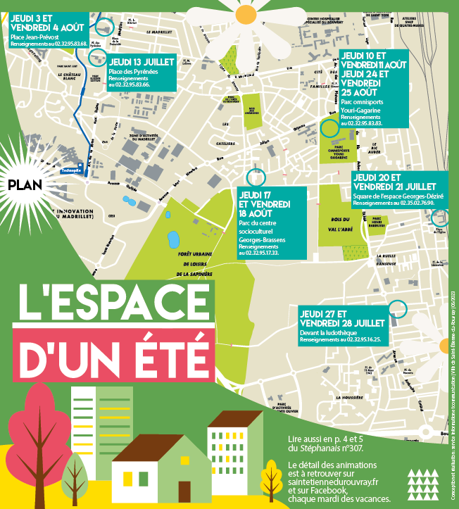 Plan des animations Espace d'un été 2023 à Saint-Étienne-du-Rouvray - Place des Pyrénées, espace Georges-Déziré, ludothèque, Place Jean-Prévost, centre socioculturel Georges-Brassens et parc omnisports Youri-Gagarine.